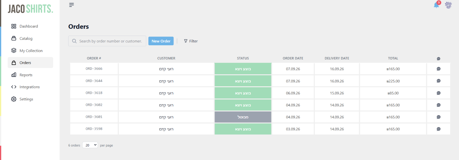 Every order, tracked in real time. Partners see every order they have submitted and follow it through your own production statuses, without having to contact you for an update.